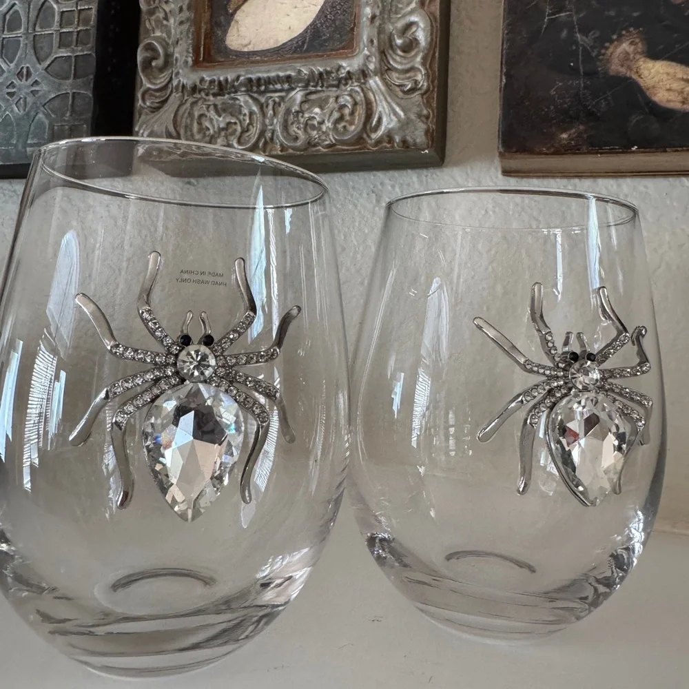 2pc Halloween  Jewel Gem‎ Rhinestone Spider Stemless Wine Glasses